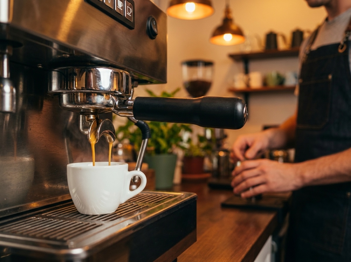 A close-up shot of an espresso machine brewing a shot of coffee into a white cup, with a barista in the background preparing another drink.. User description: C