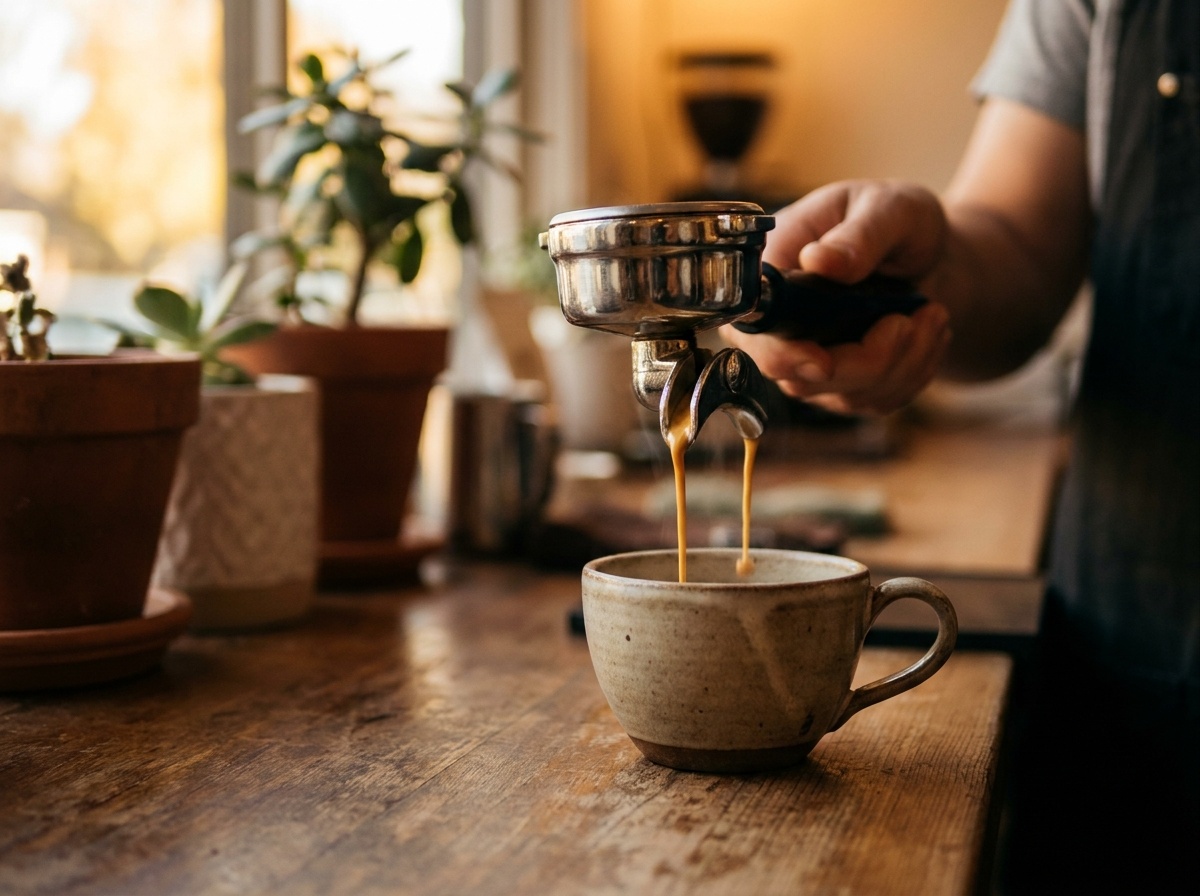 Espresso machine brewing coffee into a ceramic cup